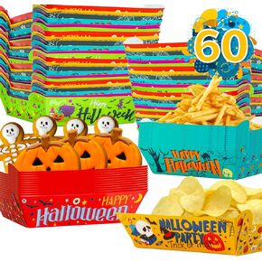 KiDEPOCH Halloween Food Trays 60 PCS Disposable Halloween Paper Tray, Nacho Trays Paper Boats for Food Halloween Party Supplies Serving Trays for French Fries, Chips, Candy (6.3 x 5.3 x 1.8 Inch)