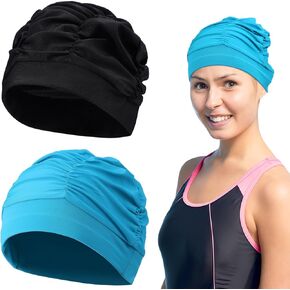 LIOOBO Swim Caps for Women Swimming: Fabric Long Hair Swim Cap, Pleated Elastic Swim Hats, Comfort Swimming Caps Keep Hairstyle Unchanged 2Pcs