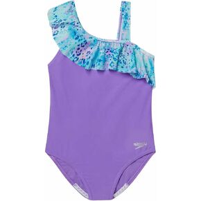 Speedo Girls Asymmetrical Ruffle One Piece Swimsuit (US, Alpha, Medium, Regular, Deep Lilac Drop)