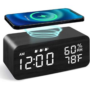 Multi Functional Creative Wooden Clock, LED Wooden Charging Alarm Clock,12/24H Time Display,Temperature Display, Dual Alarms for Home/Office/Bedroom（Black）