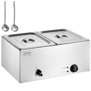VEVOR 2-Pan Commercial Food Warmer, 24QT Electric Steam Table, 1200W Professional Countertop Stainless Steel Buffet Bain Marie with 86-185°F Temp Control for Catering and Restaurants, Silver