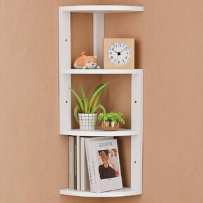 4 Tier Corner Shelf, White Corner Shelf Wall Mounted, Modern Solid Wood Corner Bookshelf for Wall, Floating Corner Shelves for Home, Living Room, Bedroom, Bathroom Storage and Display