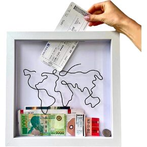 Gediz Travel Memory Box,Adventure Archive Box,Travel Shadow Box, Ticket Shadow Box with Slot,Travel Keepsake Box,Ticket Holder with World Map and Plane Design (Black 12 inches), DTH-0107-04