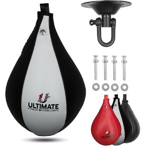 Ultimate Fitness Speed Bag - Boxing Leather MMA Muay Thai Training Punching Dodge Workout Speedball Kicking Striking Ball Kit with Hanging Swivel, Neddle, Screw Set (White)