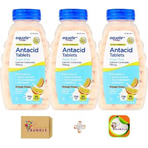 Equate Extra Strength Sugar-Free Antacid Chewable Tablets, Orange Cream, 750 mg, 90 Count (Pack of 3) Total 270 Count + Createandbundle Sticker