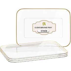 6 Pack Plastic Serving Trays for Party - 8 x 11 Disposable Serving Tray - Heavy Duty Gold Dessert Trays (Clear)