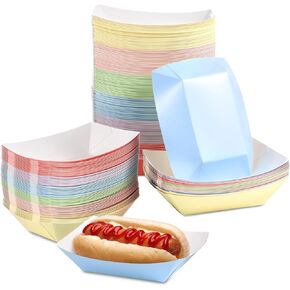 OMISTAR 180 Pack Colorful 2lb Paper Food Trays, Disposable Paper Food Boats Nacho Serving Tray Boats, Thick Colored Paper Food Boat Trays for Snacks Burgers Hotdogs Tacos BBQ
