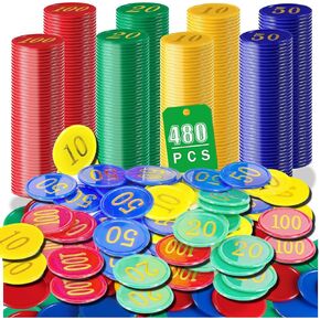 480 PCS Plastic Poker Chips Set with Numbers,Denomination Printed Casino Style Chip for Texas Home Game Holdem Poker Nights,Blackjack or Roulette Games,Casino Parties (480 pcs)