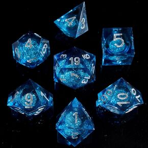 Fugacity DND Dice Set, Liquid Core Handmade Sharp Edge 7 Piece Resin Dice-Dungeons and Dragons Polyhedral Dice Set, D&D Dice Set with Gift Dice Case for RPG MTG Table Games(Blue Sand & Silver) in Saudi Arabia