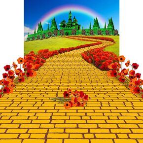 Outus 16 Pcs Yellow Brick Road Runner Yellow Brick Road Backdrop Emerald Castle Backdrop Floral Rainbow Photography Background Artificial Red Orange PU Poppy Anemones Princess Decoration