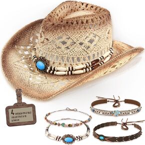 Straw Cowboy Hat for Men and Women Woven Straw Cowboy Cowgirl Hat Western Cowboy Hat with Four Decorative Bands, Wide Brim, Beige