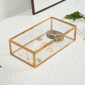 8" Golden Glass Jewelry Box - Clear Glass Box Keepsake Box with Lid for Display Jewelry Trinket, Vintage Home Decor Accent Decorative Box - 15612E