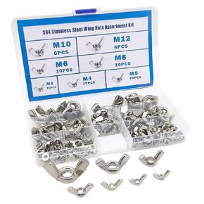 Hooshing 100PCS Wing Nuts Assorted Kit M3 M4 M5 M6 M8 M10 M12 304 Stainless Steel Wing Nuts Fasteners Parts Butterfly Nut