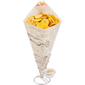 Restaurantware Cone Tek 15 Inch French Fry Cones 100 Recyclable Food Cones - Built-In Sauce Cup Grease-Resistant Lining Newsprint Paper Snack Cones For Appetizers And Charcuterie