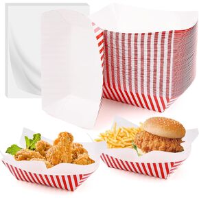200 Pcs Carnival Party Paper Food Trays Supplies, 100 Carnival Food Trays Boats with 100 Grease Waxed Deli Paper, Basket Food Holder for Carnival Decoration Assembled