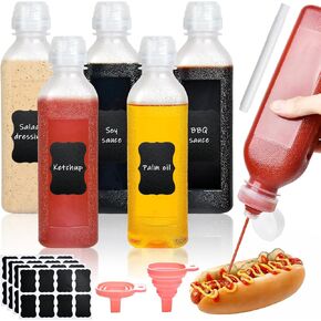 Supkiir Condiment Squeeze Bottles 16oz with Flip Top Lid, 5Pcs Clear Hot Sauce Bottles for Condiments Oil Salad Ketchup, Leak Proof Condiment Container with 2Silicone Funnel 40 Chalk Labels and 1Pen
