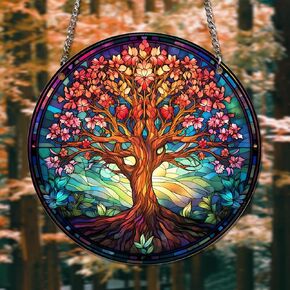 HOTIYOK Tree of Life Acrylic Window Hangings Big Tree Suncatcher Stained Glass Panels Wall Decor for Indoor, Ideal Housewarming Gift Home Decor for Mom Grandma Wife Teacher