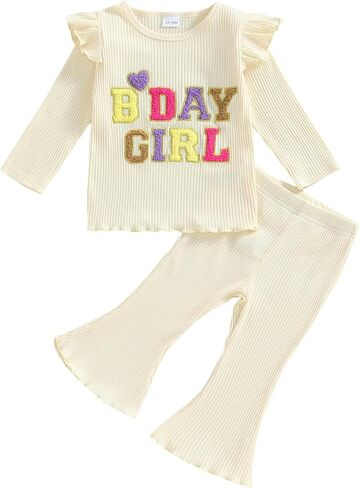 Kayotuas Toddler Baby Girl Birthday Outfit Ruffle Ribbed Knit Short Sleeve T-Shirts Tops Flare Pants Cute 2 Piece Clothes Set in Saudi Arabia