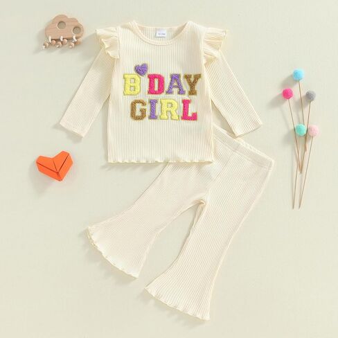 Kayotuas Toddler Baby Girl Birthday Outfit Ruffle Ribbed Knit Short Sleeve T-Shirts Tops Flare Pants Cute 2 Piece Clothes Set in Saudi Arabia