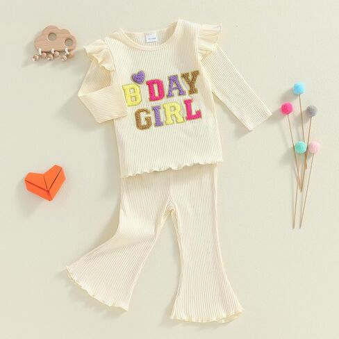 Kayotuas Toddler Baby Girl Birthday Outfit Ruffle Ribbed Knit Short Sleeve T-Shirts Tops Flare Pants Cute 2 Piece Clothes Set in Saudi Arabia