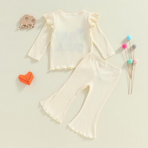 Kayotuas Toddler Baby Girl Birthday Outfit Ruffle Ribbed Knit Short Sleeve T-Shirts Tops Flare Pants Cute 2 Piece Clothes Set in Saudi Arabia