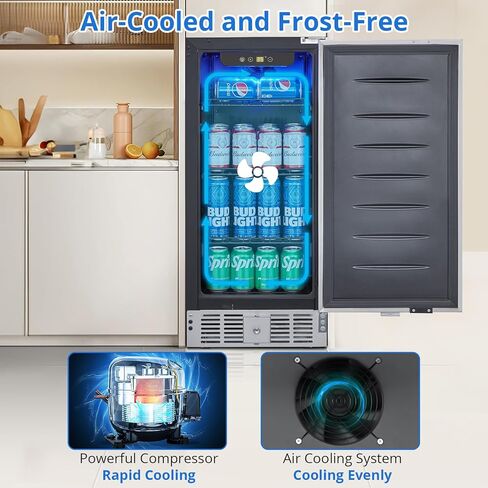 ثلاجة مشروبات 15 بوصة، ثلاجة مشروبات بباب من الفولاذ المقاوم للصدأ 110 علبة مبرد مشروبات مدمجة ومشروبات قائمة بذاتها للصودا والماء والبيرة وبصرف النظر والمكتب والمطبخ المنزلي in Kuwait