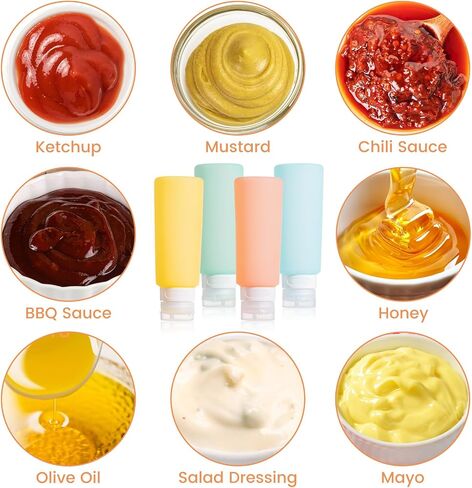 Condiment Squeeze Bottles for Sauces, 6-oz Mini Silicone Salad Dressing Container to Go with Reusable Sandwich Bag, Leakproof Ketchup Bottle for Bento Lunch Box, 4 Pack, Candies in Saudi Arabia