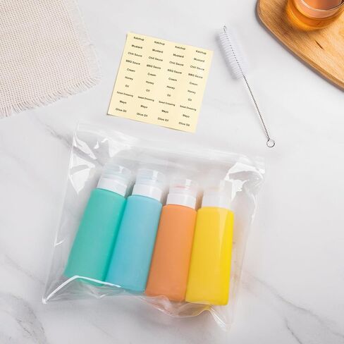Condiment Squeeze Bottles for Sauces, 6-oz Mini Silicone Salad Dressing Container to Go with Reusable Sandwich Bag, Leakproof Ketchup Bottle for Bento Lunch Box, 4 Pack, Candies in Saudi Arabia