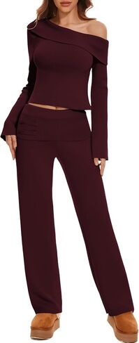 Lounge Sets for Women 2 Piece Off Shoulder Cropped Sweater Wide Leg Pants Knit Sets Casual Y2K Outfits in Saudi Arabia