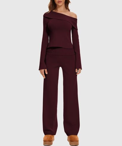 Lounge Sets for Women 2 Piece Off Shoulder Cropped Sweater Wide Leg Pants Knit Sets Casual Y2K Outfits in Saudi Arabia