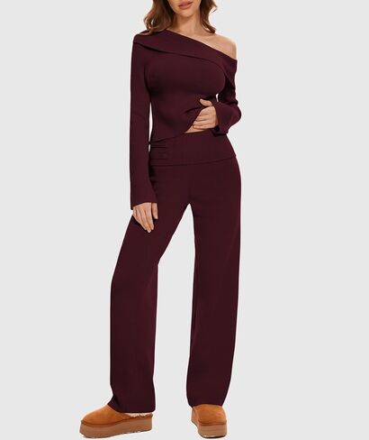 Lounge Sets for Women 2 Piece Off Shoulder Cropped Sweater Wide Leg Pants Knit Sets Casual Y2K Outfits in Saudi Arabia