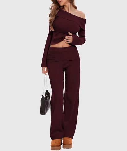 Lounge Sets for Women 2 Piece Off Shoulder Cropped Sweater Wide Leg Pants Knit Sets Casual Y2K Outfits in Saudi Arabia