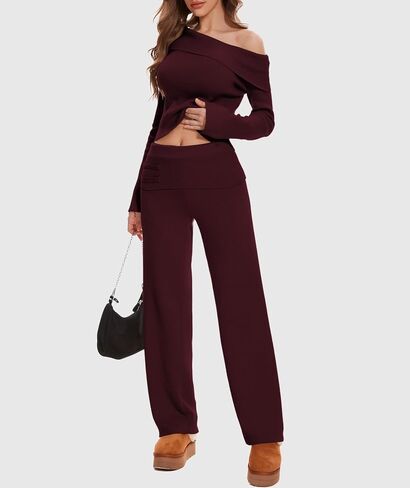 Lounge Sets for Women 2 Piece Off Shoulder Cropped Sweater Wide Leg Pants Knit Sets Casual Y2K Outfits in Saudi Arabia