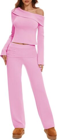 Lounge Sets for Women 2 Piece Off Shoulder Cropped Sweater Wide Leg Pants Knit Sets Casual Y2K Outfits in Saudi Arabia