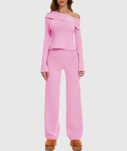 Lounge Sets for Women 2 Piece Off Shoulder Cropped Sweater Wide Leg Pants Knit Sets Casual Y2K Outfits in Saudi Arabia
