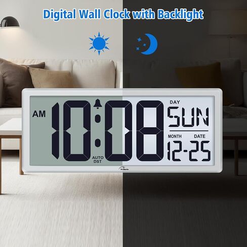 WallarGe Backlight Digital Wall Clock Battery Operated - with Temperature and Date 14.5'' Large Digital Wall Clock, Easy to Read and Set, Auto DST in Saudi Arabia
