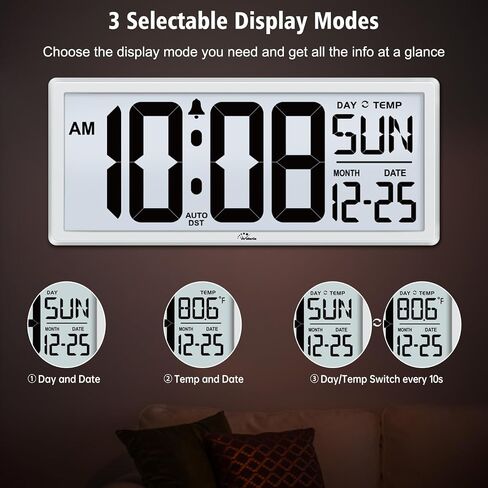 WallarGe Backlight Digital Wall Clock Battery Operated - with Temperature and Date 14.5'' Large Digital Wall Clock, Easy to Read and Set, Auto DST in Saudi Arabia