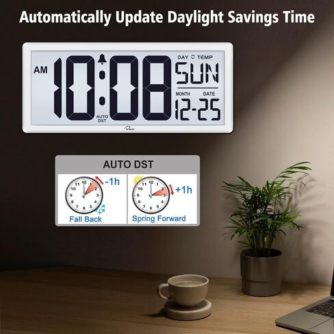 WallarGe Backlight Digital Wall Clock Battery Operated - with Temperature and Date 14.5'' Large Digital Wall Clock, Easy to Read and Set, Auto DST in Saudi Arabia