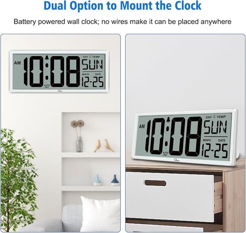 WallarGe Backlight Digital Wall Clock Battery Operated - with Temperature and Date 14.5'' Large Digital Wall Clock, Easy to Read and Set, Auto DST in Saudi Arabia