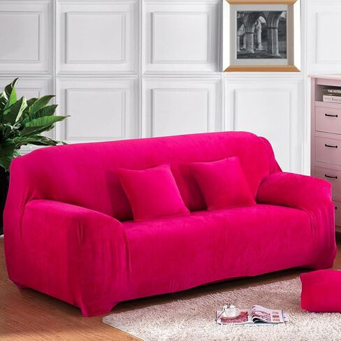 vctops 1-Piece Velvet Plush Stretch Sofa Slipcover with Elastic Bottom Soft Fuzzy Fluffy Couch Covers for 3 Cushion Couch Furniture Protector for Kids, Pet (Rose,Sofa) in Saudi Arabia