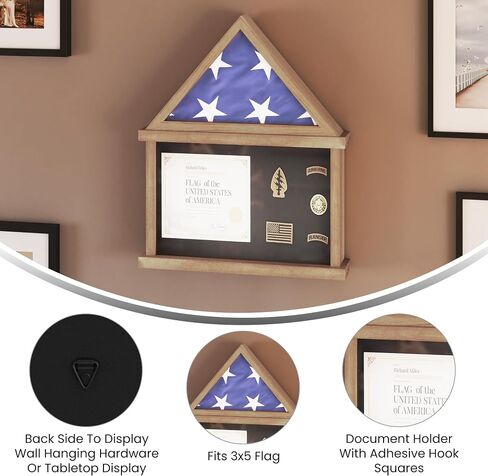 Flash Furniture Quincy Flag and Certificate Display Case, Solid Pine Wood Flag Shadow Box Fits 3x5 Folded Flag, Weathered Wood Finish in Saudi Arabia