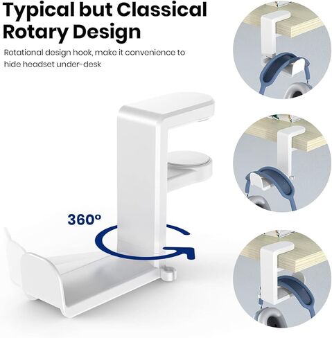 حامل سماعة الرأس الدوار - حامل سماعة الرأس لألعاب الكمبيوتر EURPMASK، حامل سماعة الرأس بمشبك قابل للتعديل، خطاف تعليق سماعة الرأس أسفل المكتب مع منظم مشبك كابل دوار 360 درجة - أسود + أبيض in Kuwait