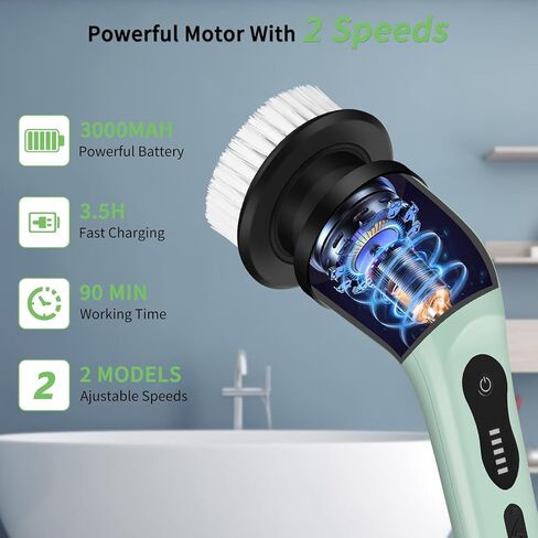 Upgraded Electric Spin Scrubber,Waterproof Cordless Shower Cleaning Brush,Power Shower Scrubber with 6 Replaceable Brush Heads & Adjustable Extension Handle,Electric Mop for Bathroom,Tub,Tile in Kuwait