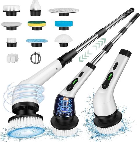Upgraded Electric Spin Scrubber,Waterproof Cordless Shower Cleaning Brush,Power Shower Scrubber with 6 Replaceable Brush Heads & Adjustable Extension Handle,Electric Mop for Bathroom,Tub,Tile in Saudi Arabia