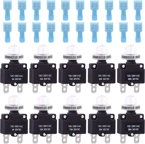 Glarks 30Pcs 5A 10A 15A 20A 30A Circuit Breakers Thermal Overload Protector Switch with Manual Reset 32VDC, AC125-250V With Quick Connect Female Spade Terminal and Waterproof Button Caps in Saudi Arabia