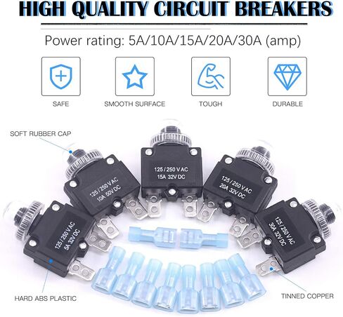 Glarks 30Pcs 5A 10A 15A 20A 30A Circuit Breakers Thermal Overload Protector Switch with Manual Reset 32VDC, AC125-250V With Quick Connect Female Spade Terminal and Waterproof Button Caps in Saudi Arabia