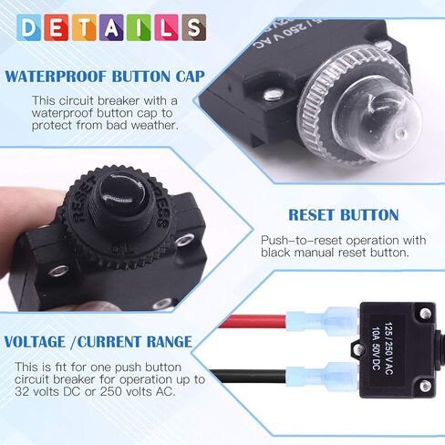 Glarks 30Pcs 5A 10A 15A 20A 30A Circuit Breakers Thermal Overload Protector Switch with Manual Reset 32VDC, AC125-250V With Quick Connect Female Spade Terminal and Waterproof Button Caps in Saudi Arabia