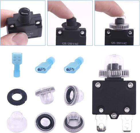 Glarks 30Pcs 5A 10A 15A 20A 30A Circuit Breakers Thermal Overload Protector Switch with Manual Reset 32VDC, AC125-250V With Quick Connect Female Spade Terminal and Waterproof Button Caps in Saudi Arabia