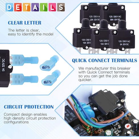 Glarks 30Pcs 5A 10A 15A 20A 30A Circuit Breakers Thermal Overload Protector Switch with Manual Reset 32VDC, AC125-250V With Quick Connect Female Spade Terminal and Waterproof Button Caps in Saudi Arabia