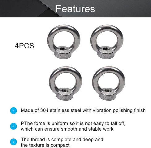 MroMax 4Pcs Lifting Eye Nut M12 Metric Female Thread Ring Shape Nut 304 Stainless Steel Round Shape Fastener Lifting Ring for Rope Fitting Silver in Saudi Arabia